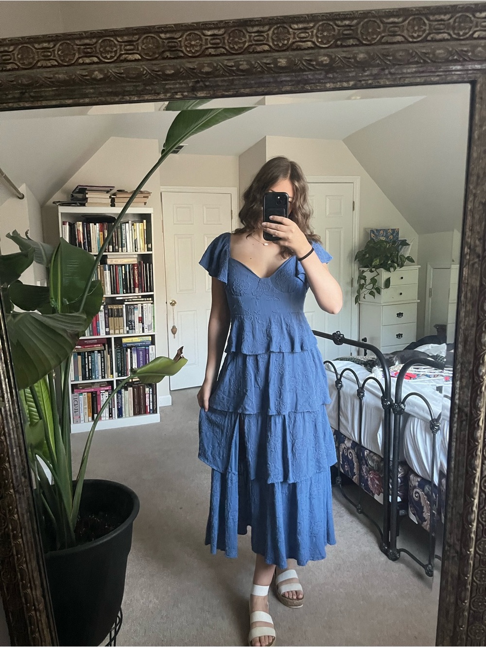 Altar'd State Blue Tiered Midi Dress with Flutter Sleeves